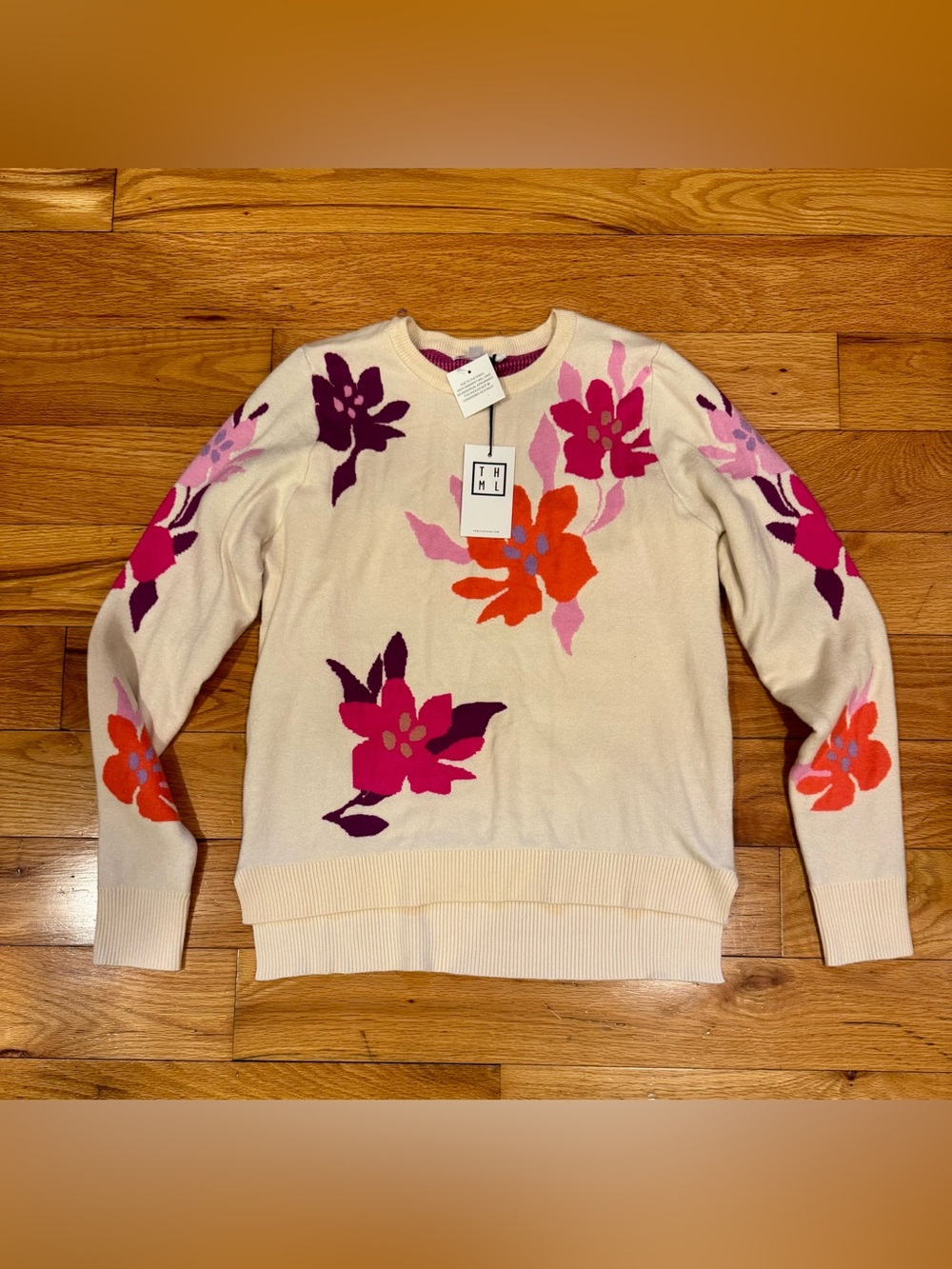 THML Cream Floral Crewneck Sweater — Pink, Magenta & Orange Blooms